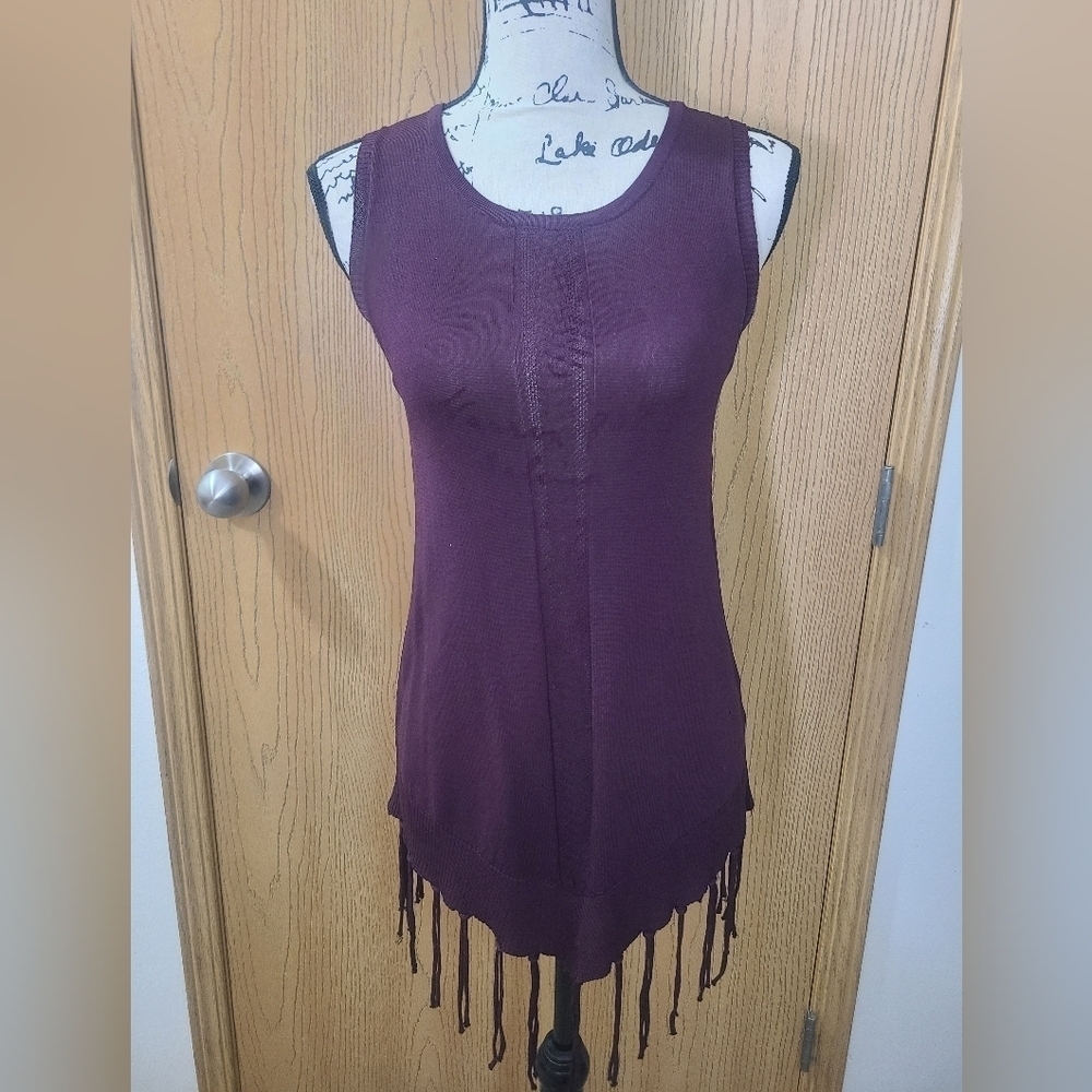 Papillon Plum Eggplant Boho Fringe Knit Tank Top